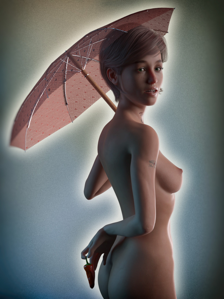 3d arm_tattoo chili_pepper looking_at_viewer medium_breasts nude nude_female pinup silky58 tattoo