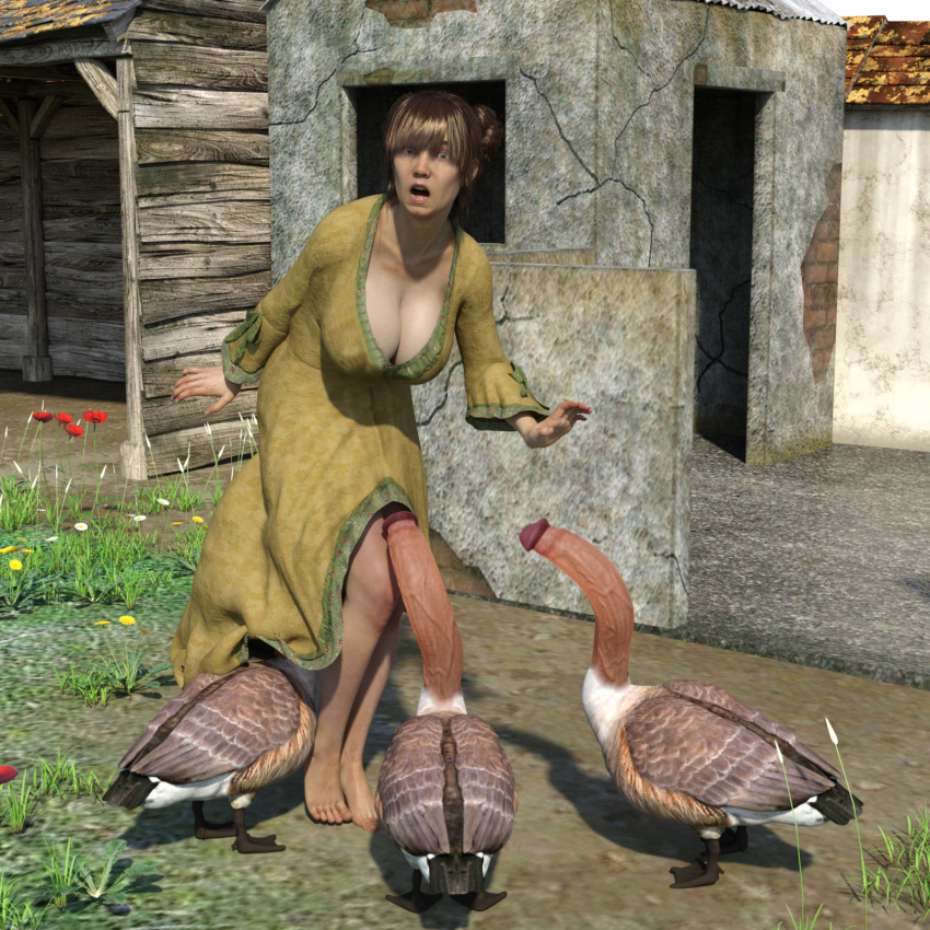 3d brown_hair clothed dress huge_breasts large_breasts monophallia monster outdoor outdoors outside penis penis_head silky58 surprised