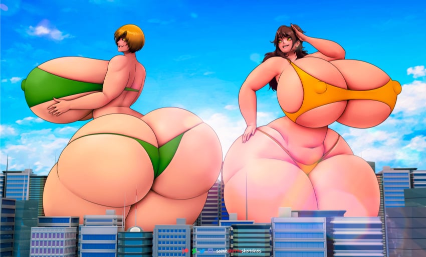 2girls ass ass_cleavage atlus big_ass big_breasts bikini blonde_hair blue_sky breasts brown_hair bubble_ass bubble_butt butt_crack city cleavage commission curvaceous curvy dat_ass duo female giantess gigantic_ass gigantic_breasts green_bikini green_panties green_swimsuit hair hi_res huge_ass huge_breasts huge_hips huge_thighs hyper hyper_ass hyper_breasts hyper_hips hyper_thighs kujikawa_rise massive_ass massive_breasts nipple_bulge panties persona persona_4 satonaka_chie shadow_chie shadow_rise shadow_self_(persona) short_hair sky someshittysketches swimsuit thick_thighs thunder_thighs voluptuous wide_hips ych yellow_bikini yellow_eyes yellow_panties yellow_swimsuit