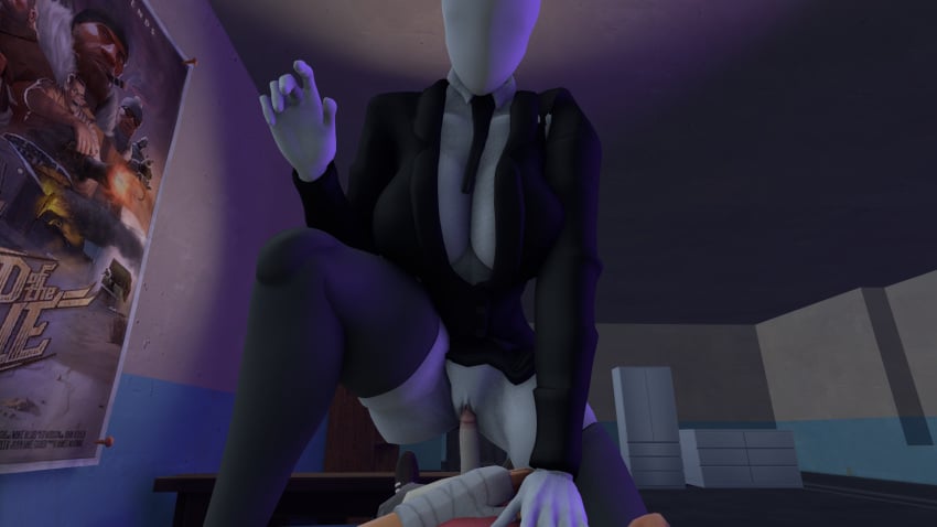 1boy 1girls 3d black_thighhighs bottomless_skirt business_suit clothed clothed_sex clothing creepypasta faceless_character faceless_female female gray_body gray_skin grey_body grey_skin indoors interracial male_pov point_of_view pov rule_63 scout_(team_fortress_2) slenderman slenderwoman straight tagme team_fortress_2 thighhighs vaginal vaginal_penetration vaginal_sex white_body white_skin