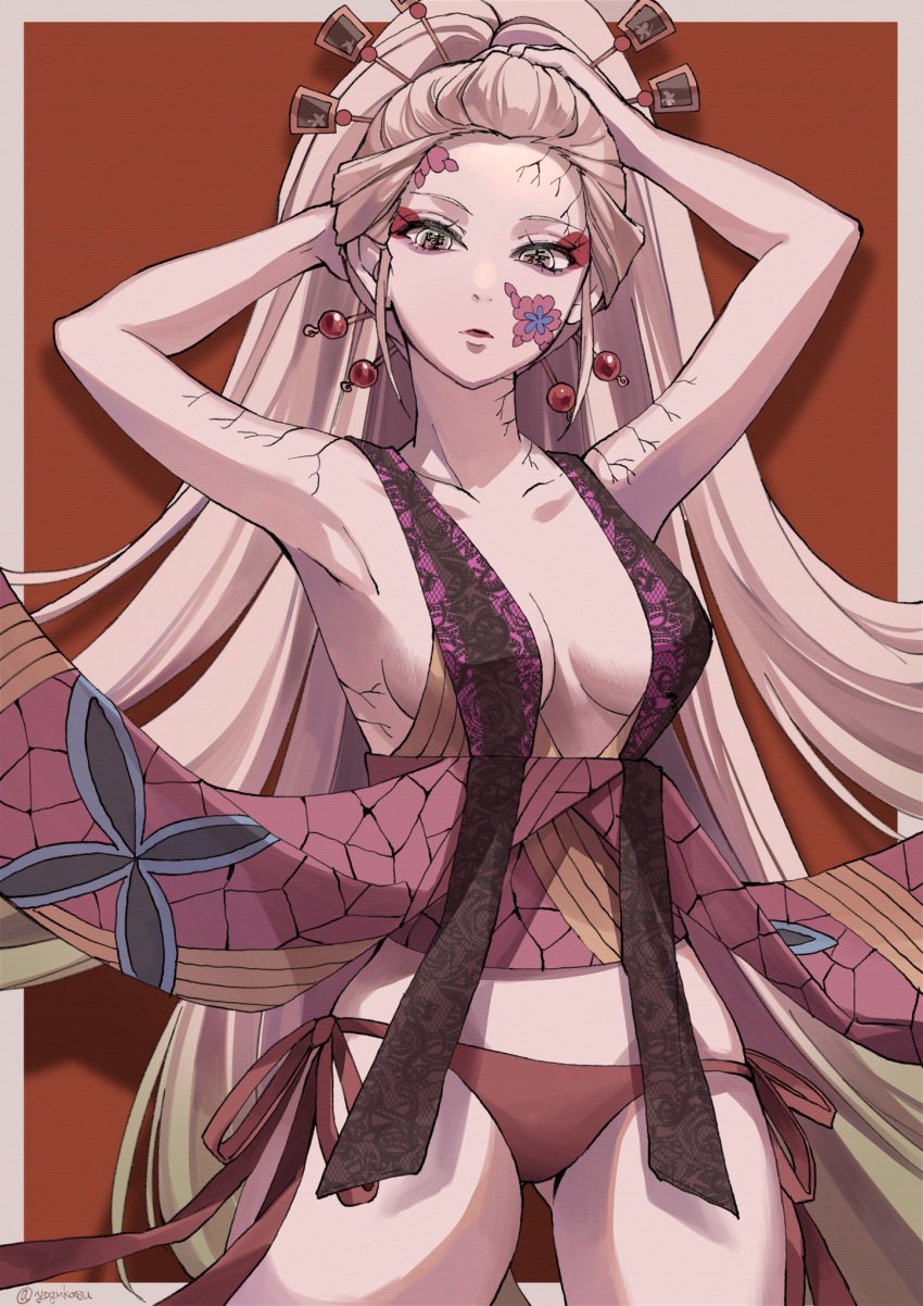 armpits breasts cleavage comb crack daki_(kimetsu_no_yaiba) demon_girl demon_slayer eyeshadow facial_mark female floral_print forehead green_eyes hair_ornament hair_stick hair_up high_resolution kimetsu_no_yaiba kimono lips lipstick long_hair looking_down makeup multicolored multicolored_eyes obi official_alternate_costume oiran pale_skin pantsu pink_eyes red_background revealing_clothes ribbon robe sash sideboob signature solo thick_thighs thighs underwear wafuku white_hair yogukasu