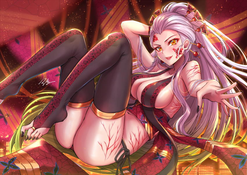 ass black_legwear body_markings breasts cleavage clothing corset crotch_seam daki_(kimetsu_no_yaiba) demon_girl demon_slayer feet female grey_hair gu_li high_resolution jewelry kimetsu_no_yaiba kneeling large_breasts legs_up legwear lips long_hair looking_at_viewer navel outstretched_arm reaching_out revealing_clothes symbol-shaped_pupils thighhighs toe_ring toeless_legwear toenails toes very_high_resolution very_long_hair white_hair yellow_eyes