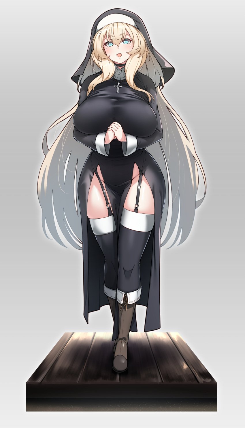 big_breasts black_dress black_legwear black_thighhighs blonde_hair blue_eyes boots choker dress female full_body fully_clothed garter_straps headwear huge_breasts long_hair long_sleeves mole_under_eye nun nun_(konoshige) original pelvic_curtain rosary ryuun_(stiil) side_slit sister-san_(konoshige) solo standing thighhighs very_long_hair wide_hips