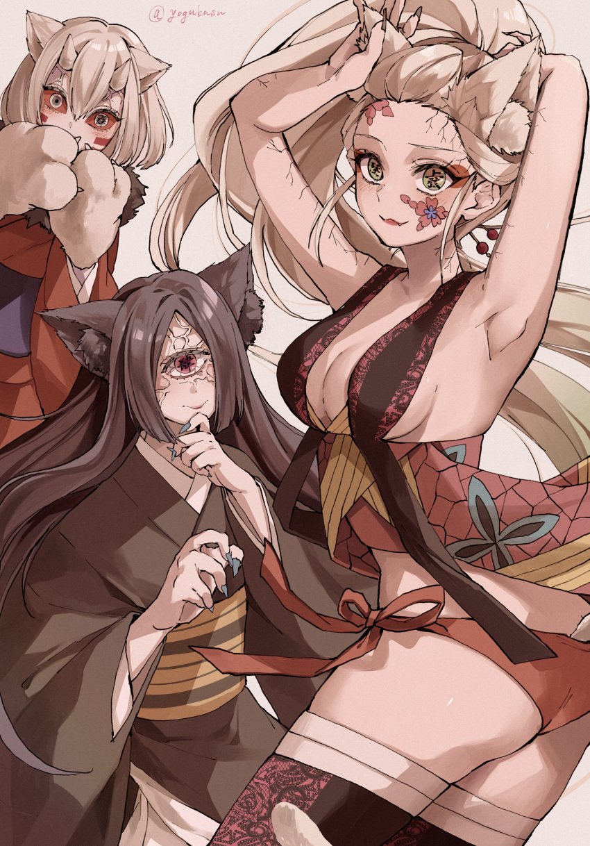 3girls animal_ears armpits ass black_hair black_kimono blue_nails bob_cut breast_cutout breasts cat_ear cat_paws cute daki_(kimetsu_no_yaiba) demon_girl demon_slayer eyeshadow facepaint female hand_on_own_chin high_resolution horns impossible_clothes kimetsu_no_yaiba kimono large_filesize makeup mukago multiple_girls nail_polish nakime obi paws red_eyes red_kimono robe sash short_hair sideboob smile symbol-shaped_pupils tail thighhighs traditional_clothes underwear veins very_high_resolution wafuku white_background white_hair wide_sleeves yogukasu