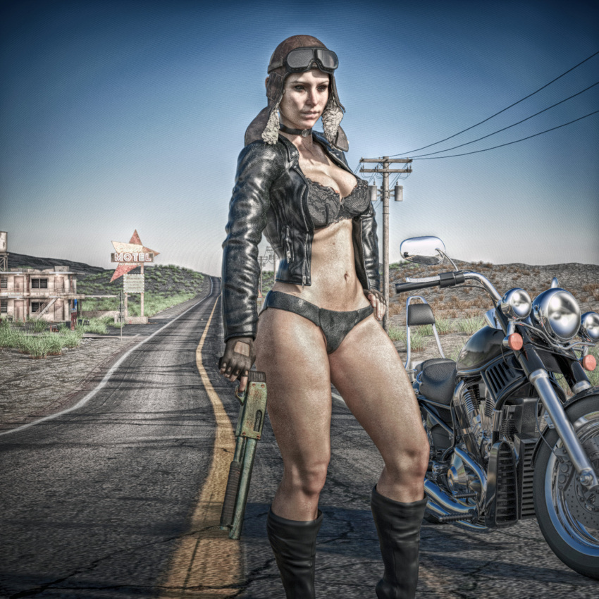 1girls 3d bra female female_only human human_only jacket large_breasts light-skinned_female light_skin lingerie motorcycle open_shirt outdoor outdoors outside pilot_hat pinup silky58 solo solo_female tagme thick_thighs underwear