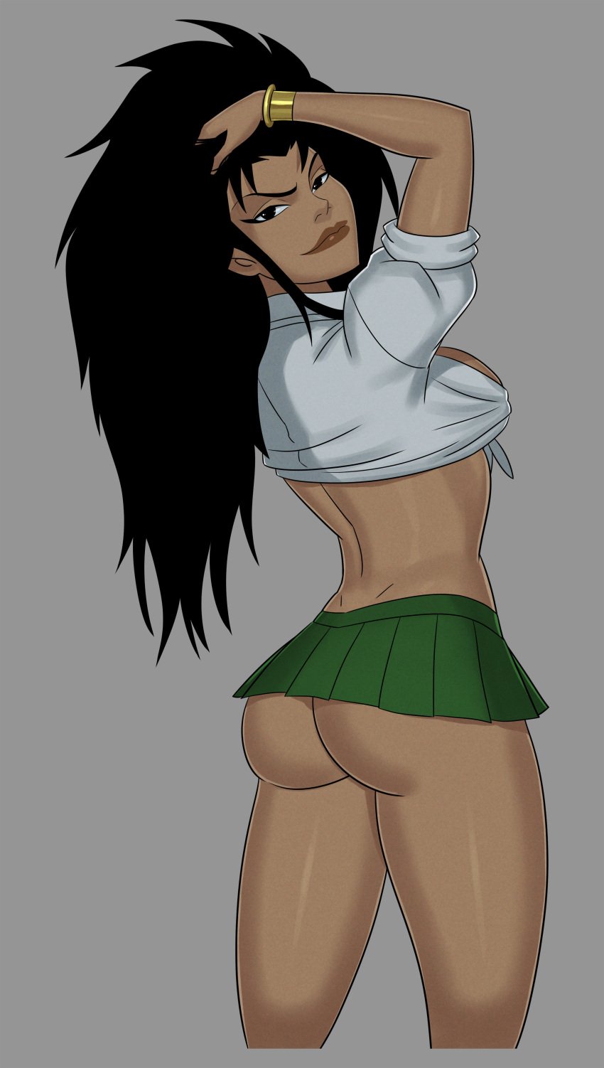 1girls asian ass black_hair cheshire dc jade_nguyen microskirt milf miniskirt no_panties school_uniform slutty_outfit something_unlimited sunsetriders7 tied_shirt young_justice