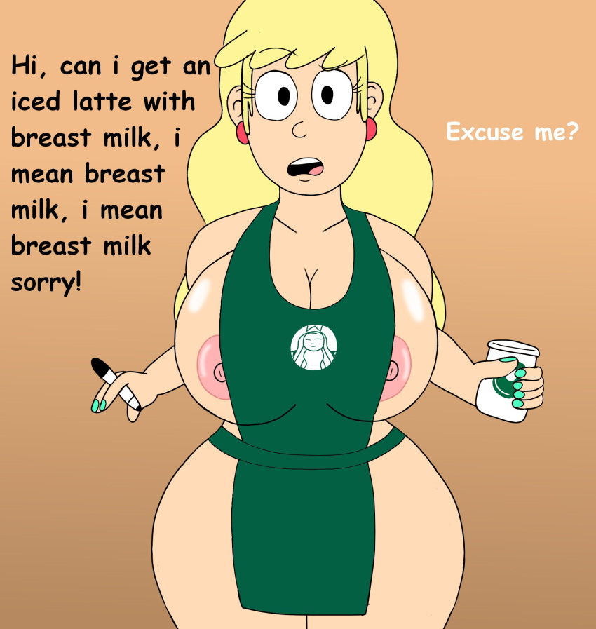 1girls 2021 5_fingers apron big_breasts black_eyes blonde_hair chaoszenog coffee_cup confused cute dialogue earrings female female_only green_apron iced_latte_with_breast_milk leni_loud looking_at_viewer marker meme naked_apron nip_slip nipple_slip painted_fingernails painted_nails pov red_earrings solo tagme talking_to_viewer the_loud_house thick_thighs