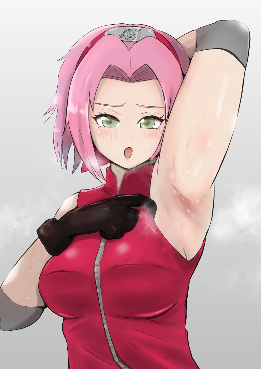 1girls armpit armpit_crease armpit_stubble armpits arms_behind_back arms_up big_breasts blush breasts brown_eyes clothed_female clothing faceless_male female female_focus groping huge_breasts naruto naruto_(series) naruto_shippuden pink_hair presenting rhythm_yuki sakura_haruno sweat sweat_stain sweaty_armpits