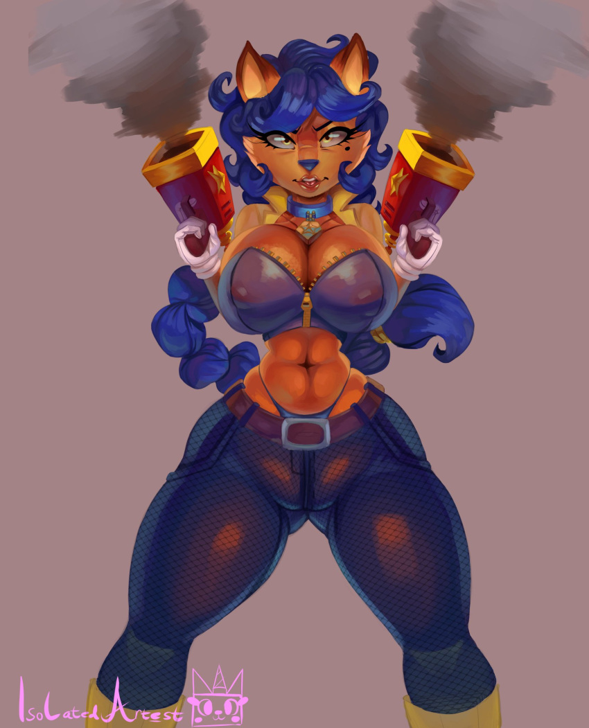 1girls anthro badge bangs beauty_mark belly_button big_breasts blue_hair breasts canine carmelita_fox choker colored crop_top curvy curvy_figure daxzor earring female female_only fox fur furry gun guns_akimbo hourglass_figure isolatedartest large_breasts lipstick looking_at_viewer mole mole_under_eye navel no_humans officer orange_fur shock_pistol sly_cooper_(series) smooth_fur sucker_punch_productions thick_thighs thong top_heavy voluptuous wavy_hair wide_hips yellow_eyes zipper zipper_pull_tab