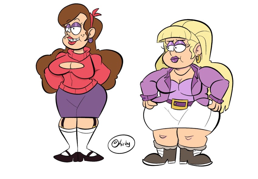 2girls alternate_breast_size arms_behind_back bangs big_hair blonde_hair blunt_bangs braces brown_hair cleavage_cutout disney disney_channel earrings eyeshadow fat gravity_falls hands_on_hips jacket kirbyjack large_breasts lipstick mabel_pines makeup mature_female milf miniskirt older pacifica_northwest sock_garters straight_hair thick_thighs white_background wide_hips