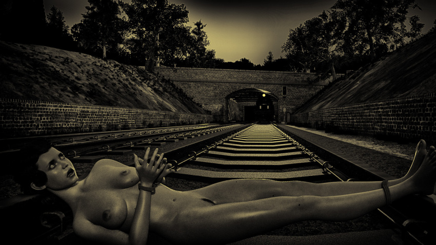 3d ankles_tied arms_tied bondage medium_breasts nude nude_female outdoor outdoors outside restrained silky58 train_tracks