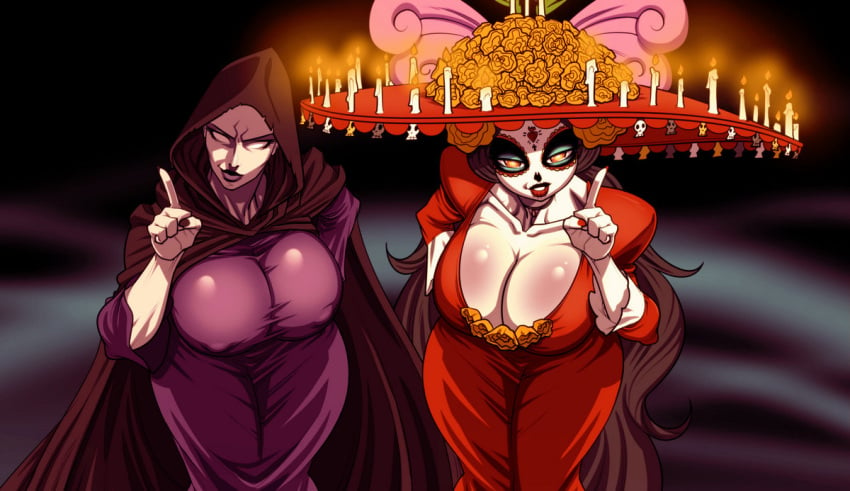 2girls bent_over big_breasts breasts busty candle candles cape comission crossover curvaceous curvaceous_hips curvy_body curvy_female curvy_figure cute death_(marvel_comics) front_view full_body gesture groove1121 hat hoodie huge_breasts humanoid index_finger_raised la_muerte looking_at_viewer marvel mature_female multiple_girls no_pupils slim_waist tall_female taller_female taller_girl the_book_of_life voluptuous wide_hips