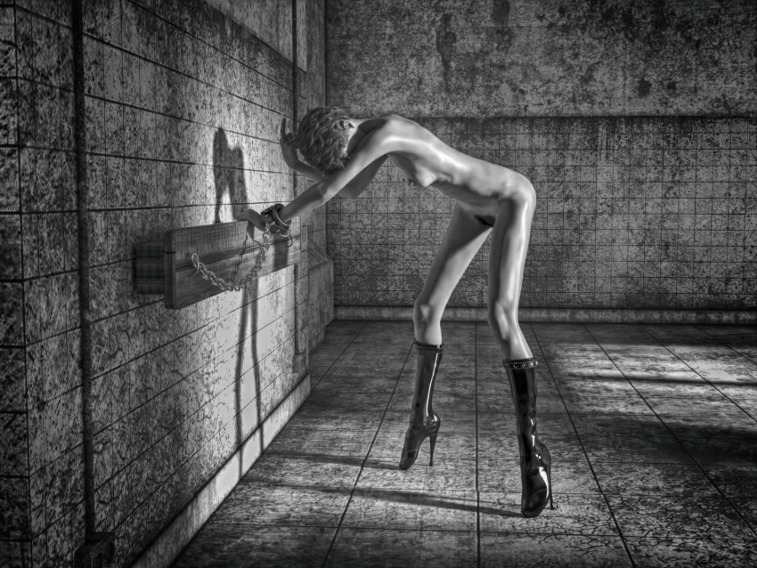 3d bent_over bondage breasts female femsub greyscale high_heel_boots high_heels monochrome naked_footwear nude pubic_hair restrained silky58 small_breasts