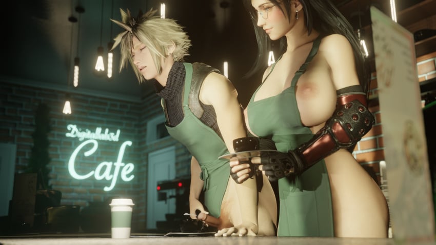 1boy 1girls 3d apron areolae black_hair blender blonde_hair breasts closed_eyes cloud cloud_strife coffee coffee_mug cum cumshot earrings erection female final_fantasy final_fantasy_vii final_fantasy_vii_remake foreskin glasses iced_latte_with_breast_milk iced_latte_with_dick_milk large_breasts long_hair male masturbation meme mug naked_apron nipples penis small_penis smile starbucks tifa_lockhart two-finger_masturbation uncircumcised uncut zmsfm