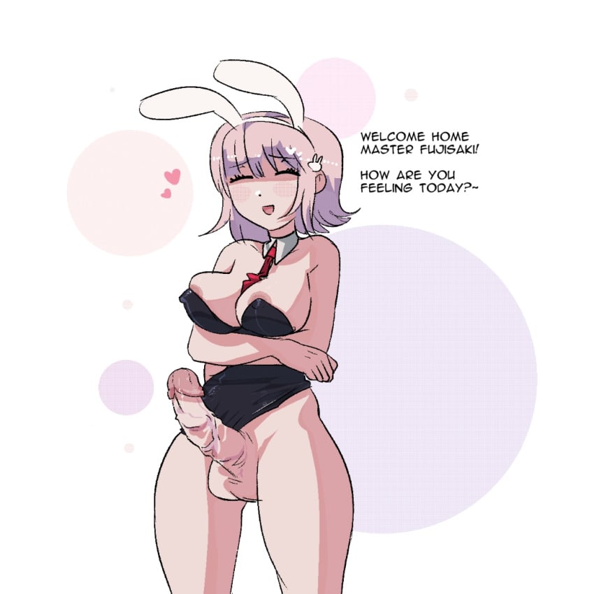 1futa areola_slip areolae arms_crossed big_breasts big_penis blush bottomless breasts bunny_ears bunny_suit closed_eyes clothed clothing crossed_arms danganronpa danganronpa_(series) danganronpa_2:_goodbye_despair digital_drawing_(artwork) digital_media_(artwork) digital_painting_(artwork) english_text erection exposed_breasts exposed_penis futa_only futanari greeting hair_accessory hairclip half_body human large_penis light-skinned_futanari light_skin nanami_chiaki necktie nikkei_(artist) nipple_bulge nipples open_mouth pale_skin partially_clothed penis penis_out pink_hair red_necktie red_tie short_hair smooth_skin solo solo_futa source_request standing text veiny_penis