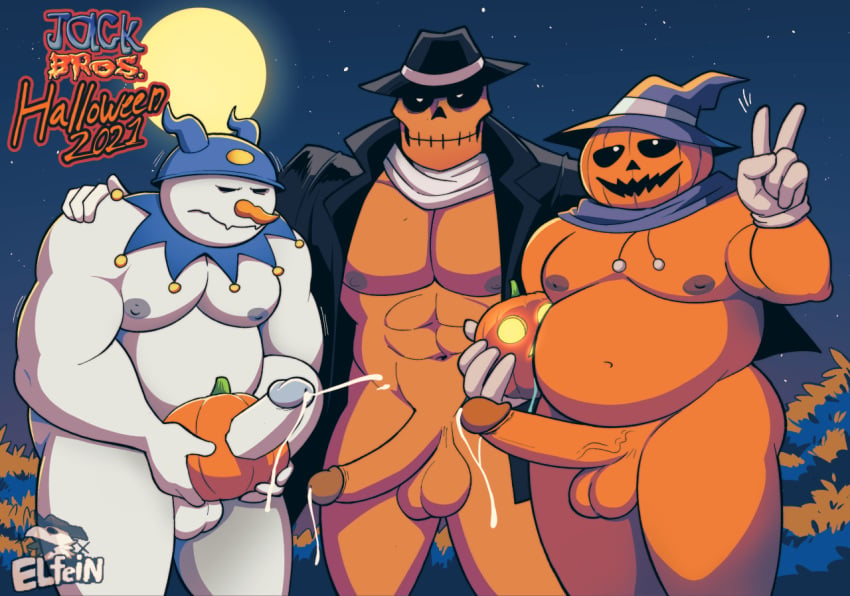 3boys abs atlus balls belly bodily_fluids bottomless clothed clothing cum cumshot demon ejaculation elfein erection food food_creature food_fetish food_penetration food_play fruit fucking_pumpkin gay genital_fluids genitals group halloween hat headgear headwear holidays humanoid improvised_sex_toy jack-o'-lantern jack_frost_(megami_tensei) jack_the_ripper_(megami_tensei) male male/male male_only megami_tensei moobs muscular muscular_humanoid muscular_male nipples orange_body overweight overweight_humanoid overweight_male pecs penis plant pumpkin pumpkin_head pyro_jack_(megami_tensei) video_games white_body yaoi