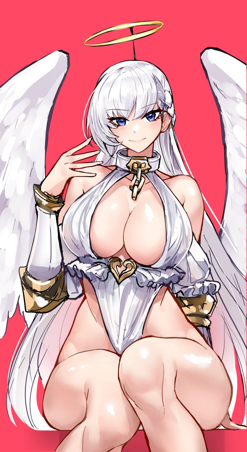 1girls absurdres angel angel_wings azur_lane belfast_(azur_lane) blue_eyes braid breasts casul choker cleavage dress elbow_gloves female female_only gauntlets gloves halo highres large_breasts light-skinned_female light_skin long_hair looking_at_viewer revealing_clothes sitting smile solo white_dress white_hair wings