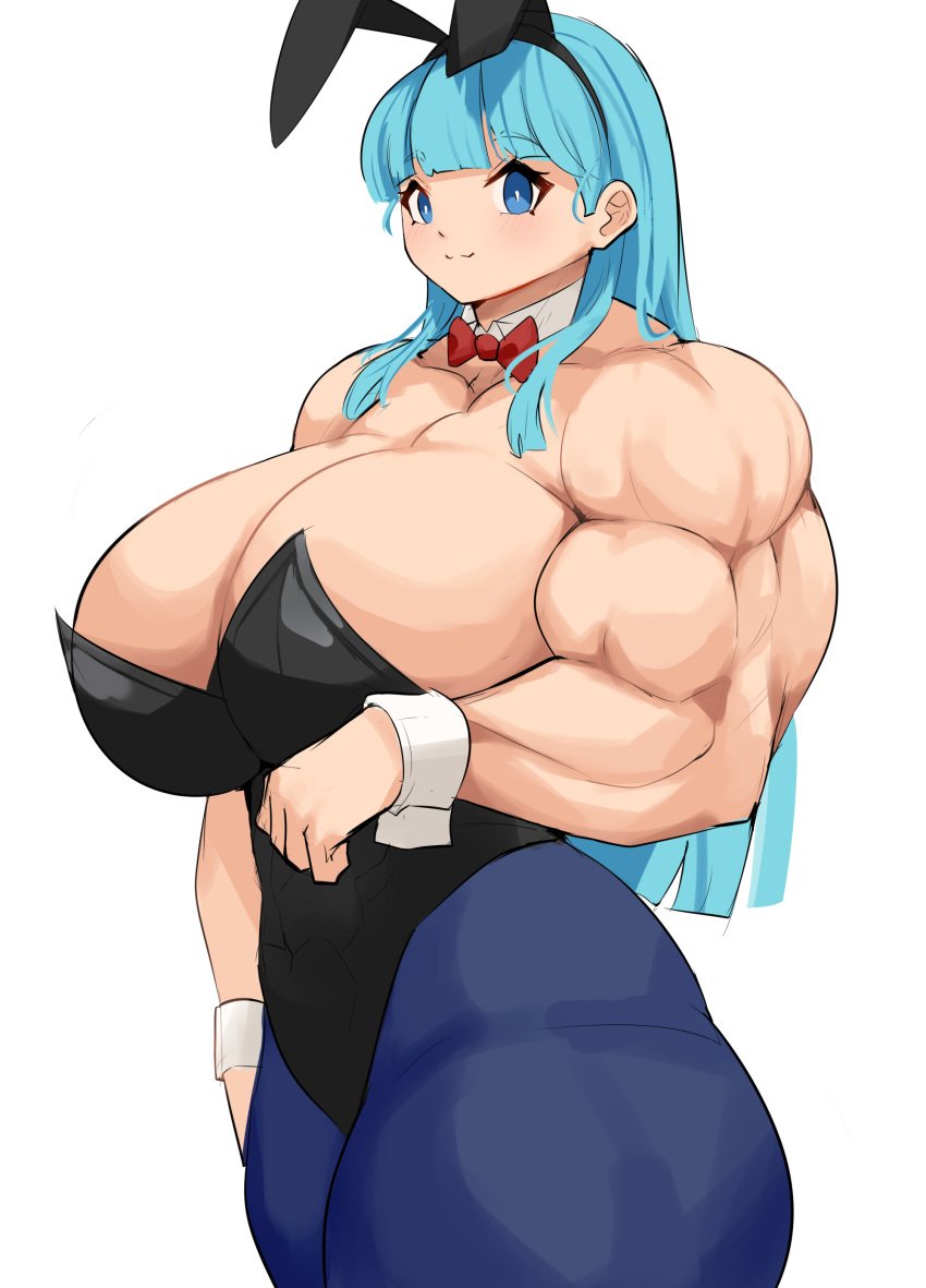 big_muscles blue_eyes blue_hair bowtie breasts bulma_(bunny) bulma_briefs bunny_ears bunny_girl bunnysuit busty cleavage collar collarbone dragon_ball female large_breasts muscles musctonk muscular_female solo teenager