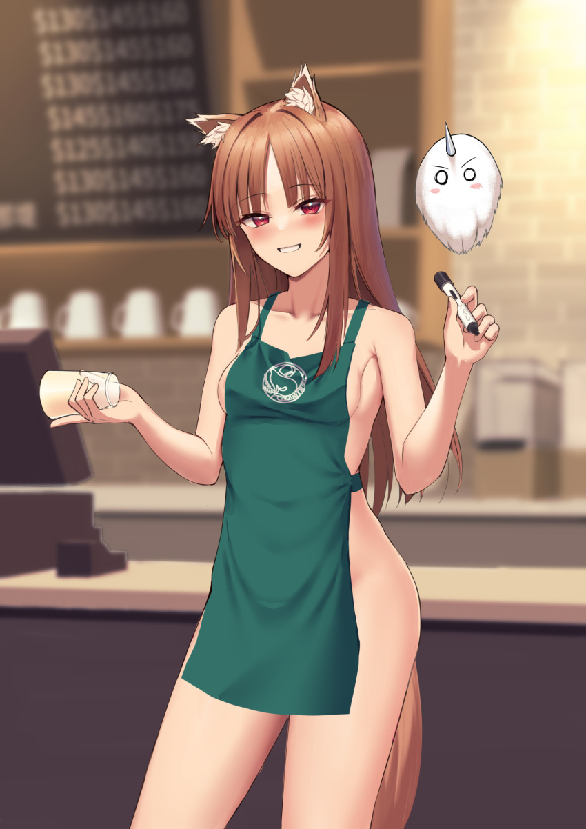 1girls akashiro_yulice apron apron_only bangs blush brown_hair detailed_background female female_only flat_chest holo iced_latte_with_breast_milk kemonomimi long_hair looking_at_viewer meme naked_apron red_eyes sideboob small_breasts smile solo spice_and_wolf wolf_ears wolf_girl wolf_tail