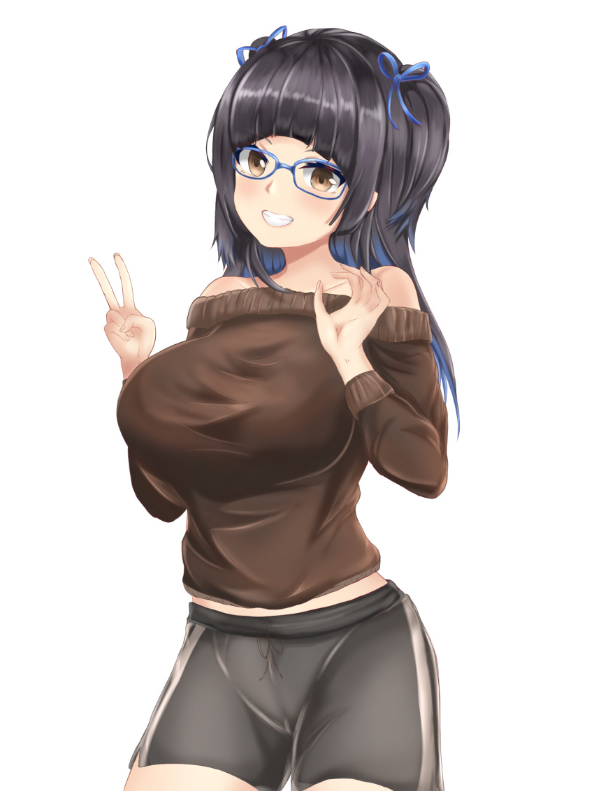 1girls bare_shoulders black_hair blue_glasses blue_streaks brown_hair female female_focus female_only glasses indie_virtual_youtuber jablub kson_onair light-skinned_female smile sport_shorts v_sign virtual_youtuber vshojo youtube youtuber