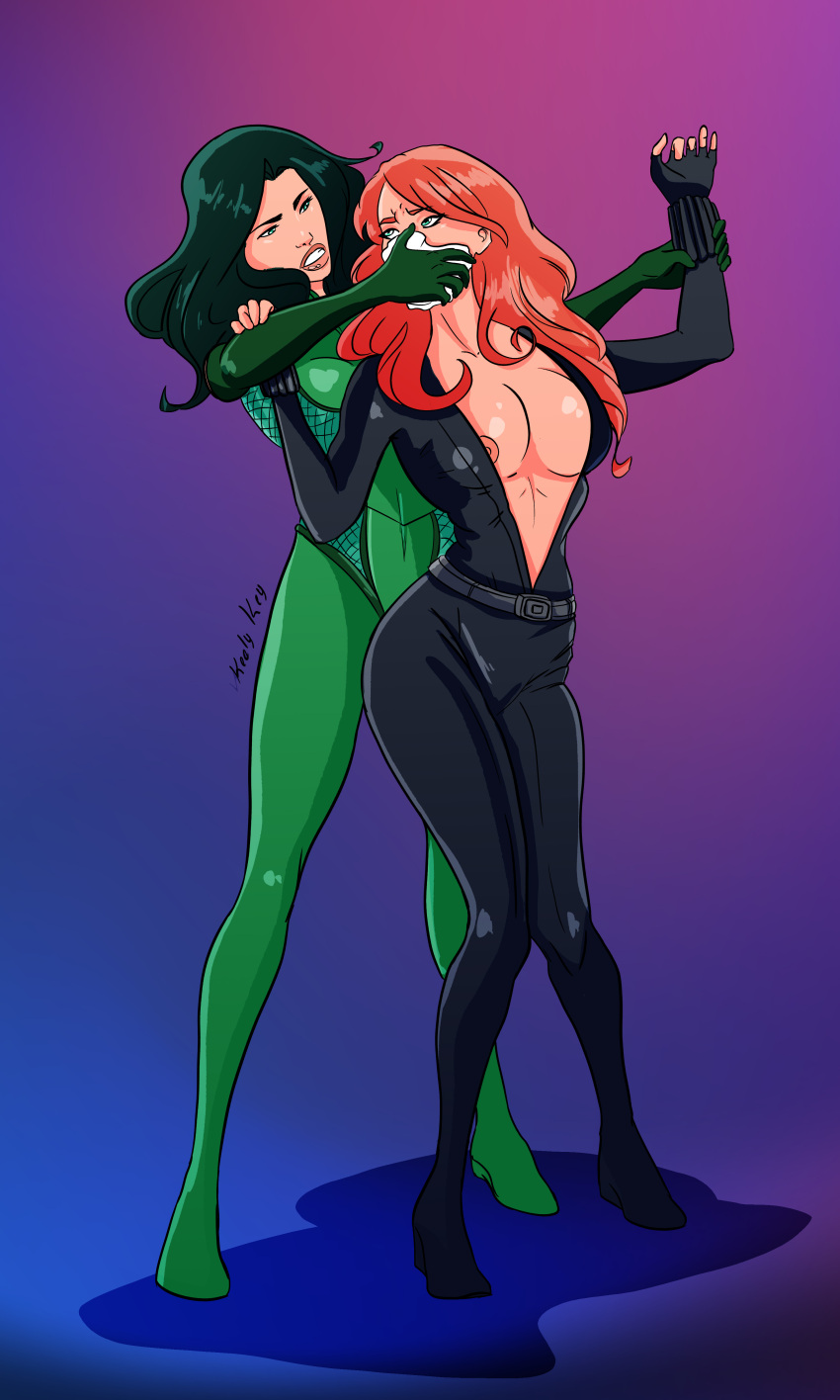 2girls arms_held_back black_widow_(marvel) blue_eyes breasts breasts_out chloroform cleavage female female_only femsub green_eyes green_hair keely-key legs_together madame_hydra marvel marvel_comics mouth_covered natasha_romanoff red_hair sleepy wrist_grab