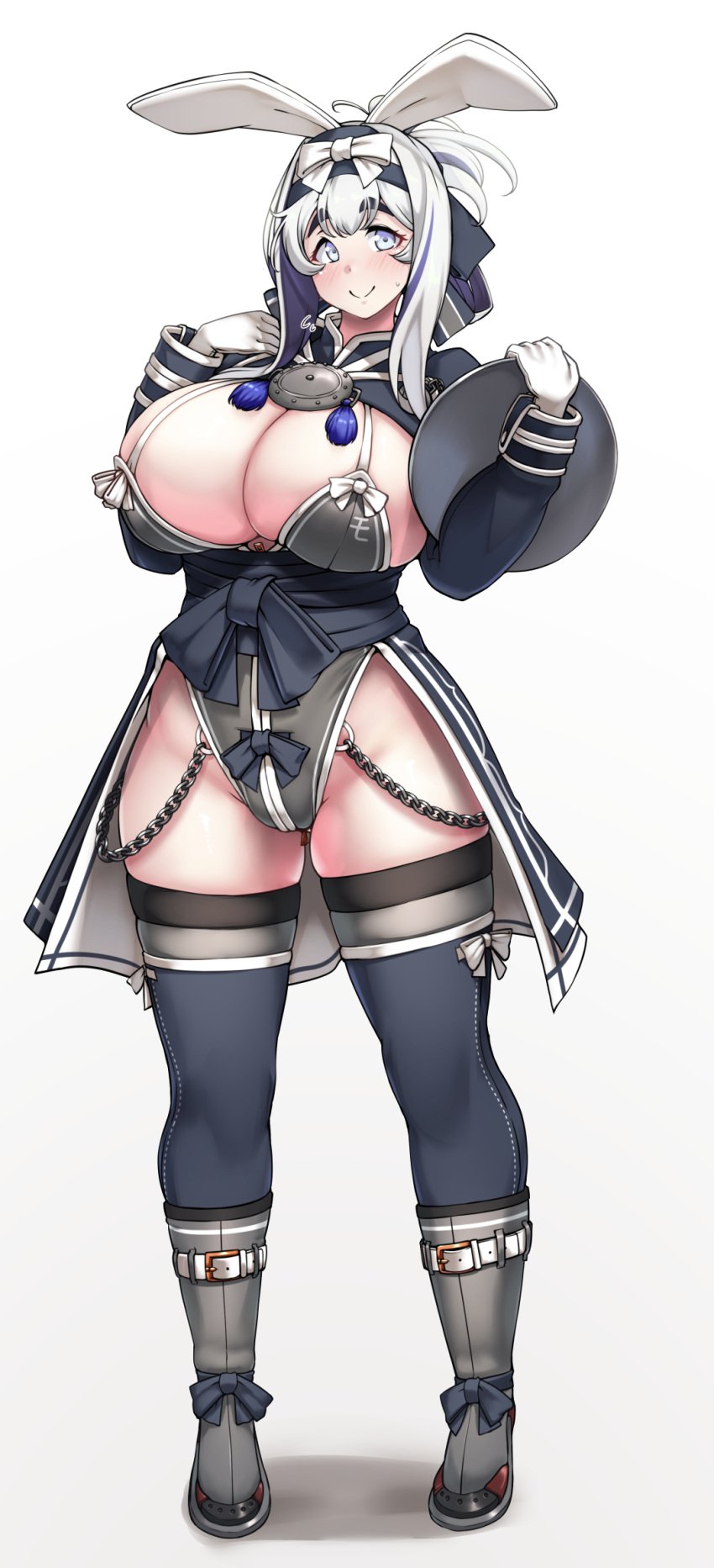 big_breasts bikini_top blush boots bunny_ears chains cleavage crop_top curvaceous curvy female female_only full_body gloves hair_ribbon hairbow headband huge_breasts japanese_clothes kamoi_(kantai_collection) kantai_collection leotard long_sleeves looking_at_viewer obi plump ryuun_(stiil) sash sidelocks sideskirt silver_eyes silver_hair smile solo standing sweatdrop thick_eyebrows thick_thighs thighhighs tray white_gloves wide_hips zettai_ryouiki