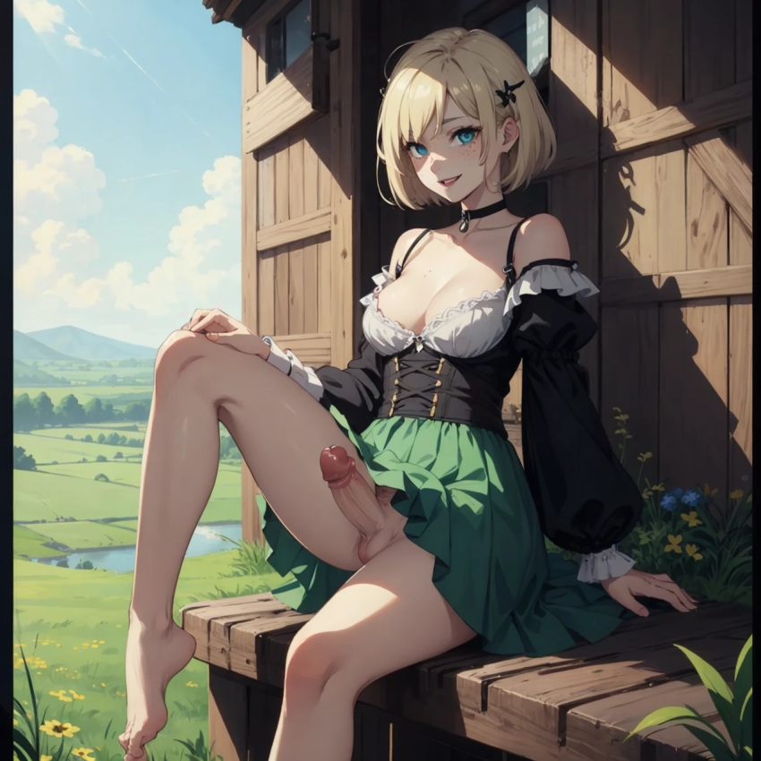 1futa ai_generated background blonde_hair blue_eyes dress enjuuji flower freckles futanari green_grass lauran_hesselberg meadow pale-skinned_futanari pale_skin penis pond