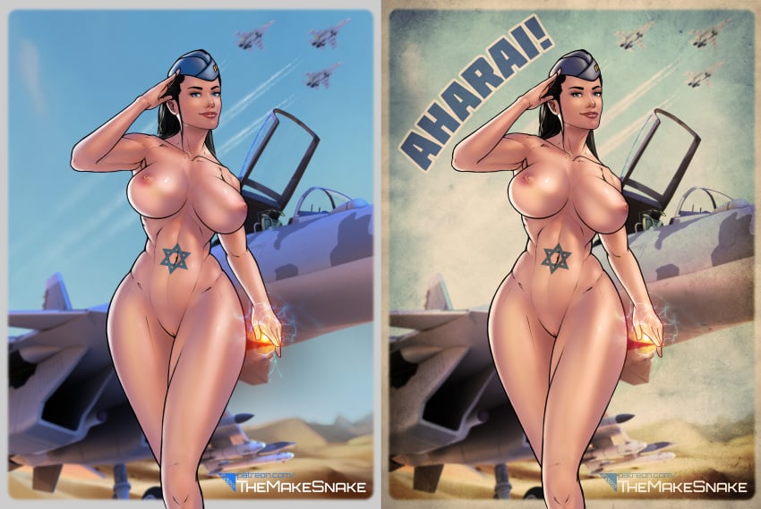 1girls before_and_after black_hair blue_eyes casual female fit_female hourglass_figure huge_breasts human jet jewish magic military_hat naked nude nude_female pale_skin poster propaganda pussy salute shaved_pussy star_of_david themakesnake