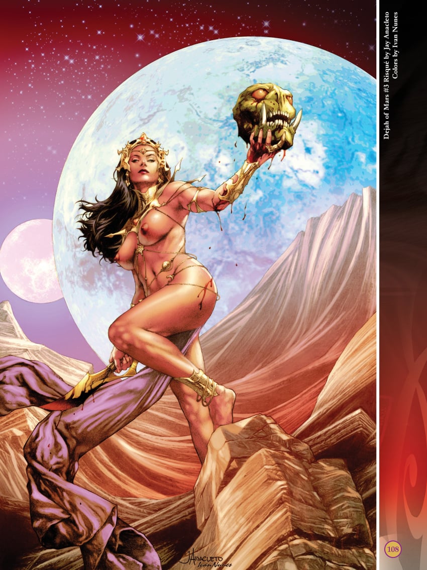 1girls a_princess_of_mars alien anklet barsoom black_hair blood bracelet dejah_thoris fit_female green_eyes green_skin headdress holding_head ivan_nunes jay_anacleto john_carter_of_mars large_breasts loincloth long_hair martian official_art red_hair royalty severed_head shoulder_armor