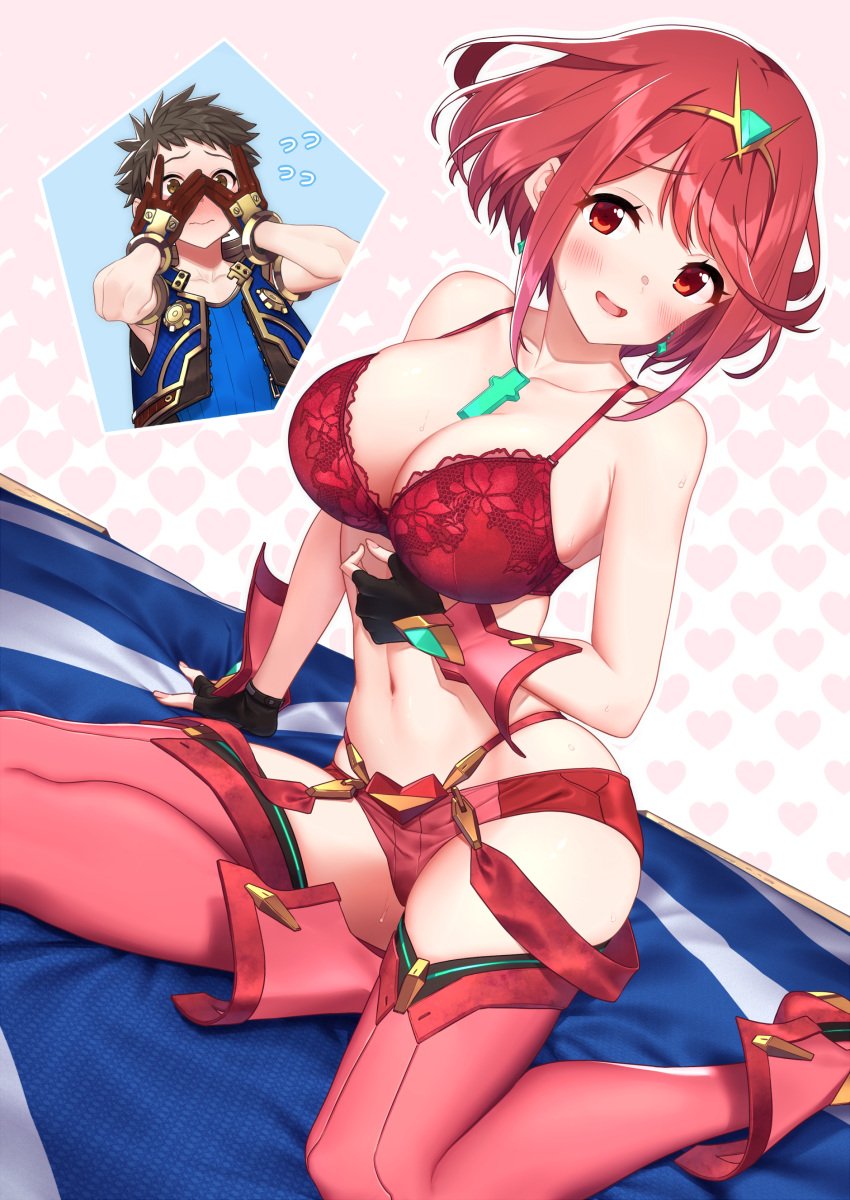 baffu bed breasts light-skinned_female light_skin lingerie nintendo on_bed pyra red_eyes red_hair rex_(xenoblade) tagme underwear xenoblade_(series) xenoblade_chronicles_2