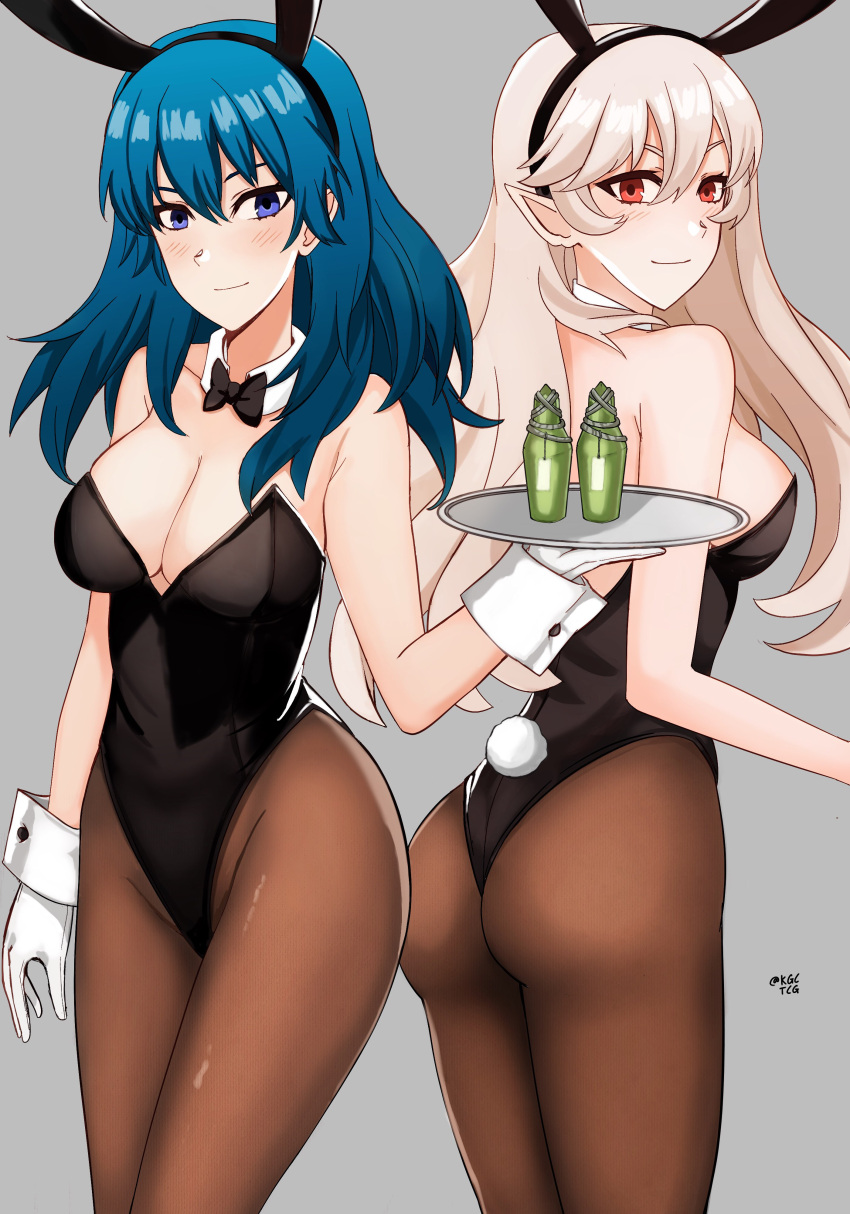 2girls alternate_costume ass back_view blue_eyes blue_hair bottle breasts bunnysuit byleth_(fire_emblem) byleth_(fire_emblem)_(female) cleavage corrin_(fire_emblem) corrin_(fire_emblem)_(female) female_only fire_emblem fire_emblem:_three_houses fire_emblem_fates grey_background kgctcg long_hair looking_at_viewer looking_back multiple_girls nintendo red_eyes smile teal_hair waitress