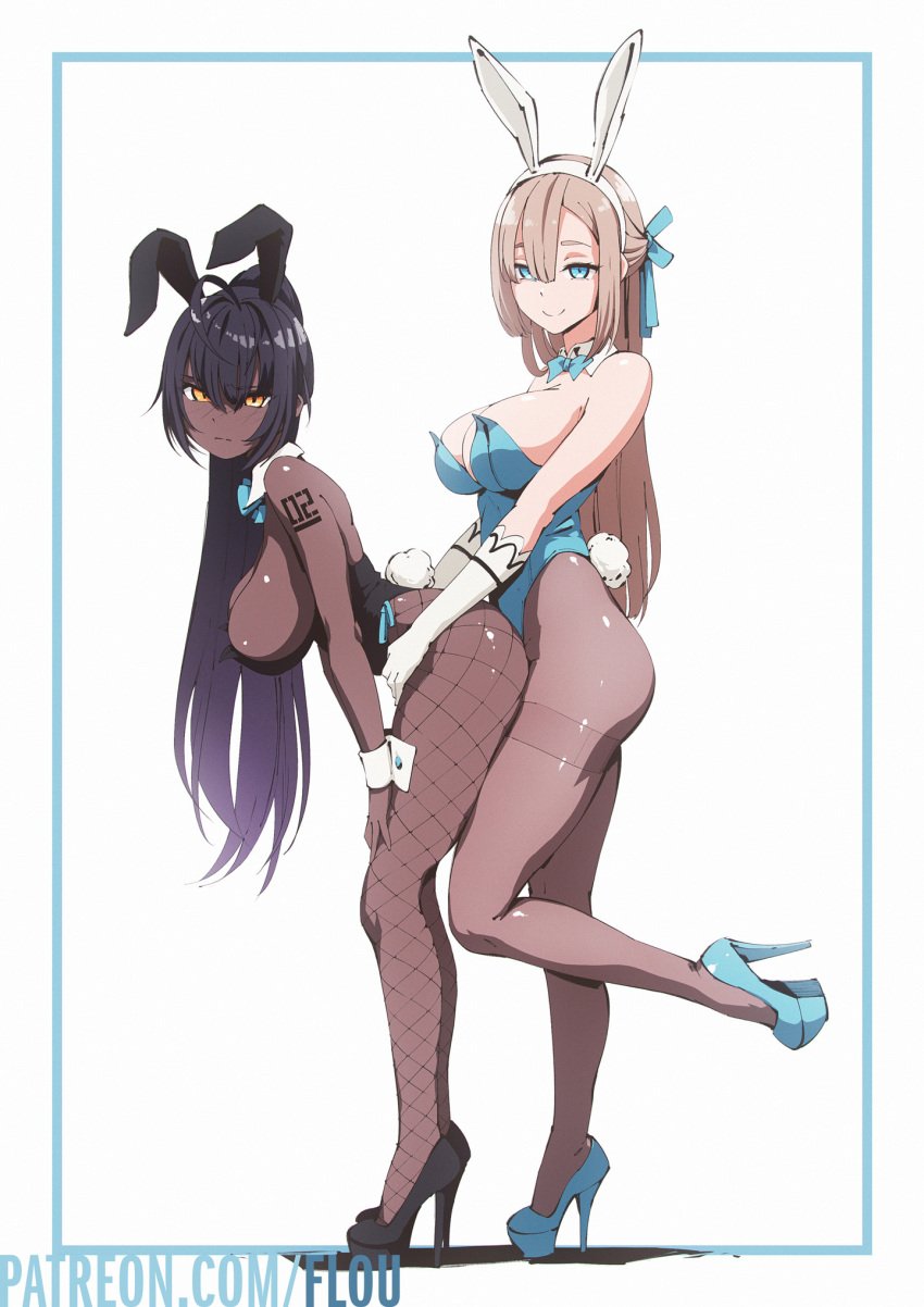 2girls asuna_(blue_archive) asuna_(bunny)_(blue_archive) big_breasts blue_archive breasts bunny_ears bunny_girl bunnysuit female female_only flou high_heels karin_(blue_archive) karin_(bunny)_(blue_archive) large_breasts looking_at_viewer millennium_science_school_student multiple_girls patreon_url playboy_bunny sexually_suggestive