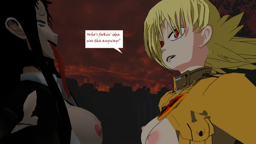 1futa 1girls 3d breasts dialogue duo female futa_on_female futanari hellsing hellsing_ultimate human humanoid koumori light-skinned_female light-skinned_futanari light_skin nipples pale_skin red_eyes seras_victoria simple_smut source_filmmaker text text_box tongue_out vampire vampire_girl