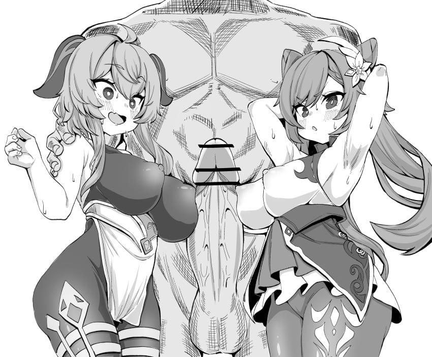 1boy 2girls absurdres ahoge arms_behind_head bangs bare_arms blush bodystocking breasts clothed_female_nude_male dress erection eyebrows_visible_through_hair flamberge_lo ganyu_(genshin_impact) genshin_impact goat_horns greyscale hair_between_eyes hair_cones hair_ornament highres horns keqing_(genshin_impact) large_breasts long_hair monochrome multiple_girls nude pantyhose penis penis_awe pimp simple_background twintails white_background