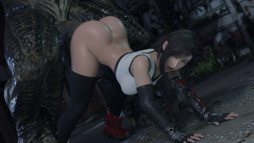 1boy 1girls 3d ass black_hair bluelight doggy_style female final_fantasy final_fantasy_vii final_fantasy_vii_remake from_behind green_skin huge_breasts human interspecies large_breasts long_hair male monster_cock naughty_face partial_male red_eyes reptile_humanoid scalie sex size_difference smaller_female straight taller_male thighhighs tifa_lockhart tlaloc