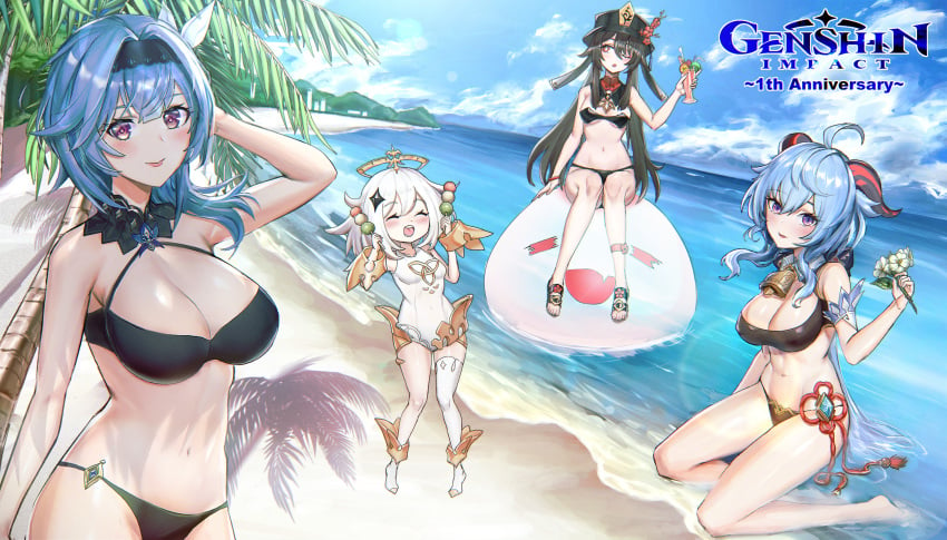 2021 4girls ^_^ absurd_res ahoge anniversary arm_up barefoot beach bell bikini black_bikini blue_hair blush breasts brown_hair cleavage clothed cloud cocktail copyright_name cowbell dango drink eula_(genshin_impact) feet female female_only floating food ganyu_(genshin_impact) genshin_impact ghost glass goat_horns hair_ornament hairband halo hand_on_head happy hat highres holding_drink holding_food horns hu_tao_(genshin_impact) jewelry kneeling large_breasts long_hair looking_at_viewer medium_breasts multiple_girls navel nipple_bulge ocean oli_kkwak one-piece_swimsuit one_eye_closed open_mouth outdoors paimon_(genshin_impact) palm_tree partially_submerged purple_eyes red_hair sand sandals shadow short_hair single_thighhigh sitting sky small_breasts smile standing swimsuit teeth thighhighs thighs toes tongue tree very_long_hair wagashi water white_hair yokozuwari