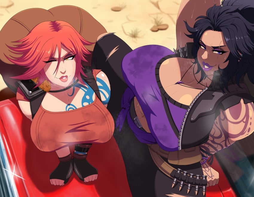 2girls abs amara_(borderlands) androjuniarto ass big_ass black_hair borderlands borderlands_3 bubble_butt dark_skin huge_ass indian indian_female lilith_(borderlands) massive_ass massive_breasts purple_eyes purple_lipstick red_hair vehicle yellow_eyes