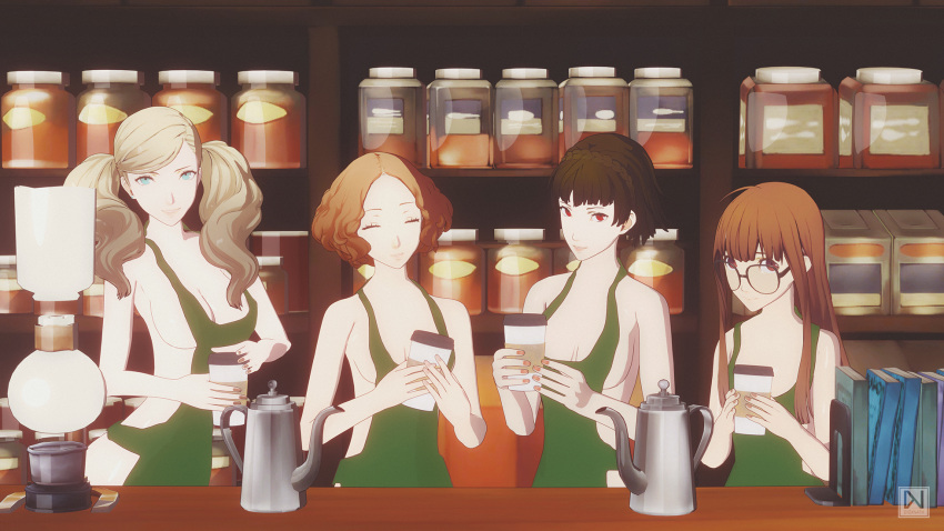 3d 4girls ann_takamaki apron atlus breasts brown_hair casual clothing dioxnath female glasses haru_okumura human iced_latte_with_breast_milk looking_at_viewer makoto_niijima medium_hair meme mostly_nude outerwear pale_skin persona persona_5 sakura_futaba short_hair twintails