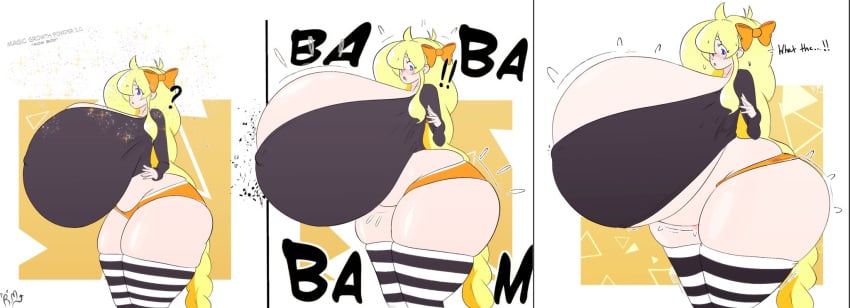 1girls ass_expansion blush booty_shorts breast_expansion cassie_(theycallhimcake) clothes dullahan embarrassed expansion female growth huge_ass hyper hyper_breasts inflation magic powder purple_eyes riley_moore_(artist) sweater tagme thick_thighs thighhighs yellow_hair