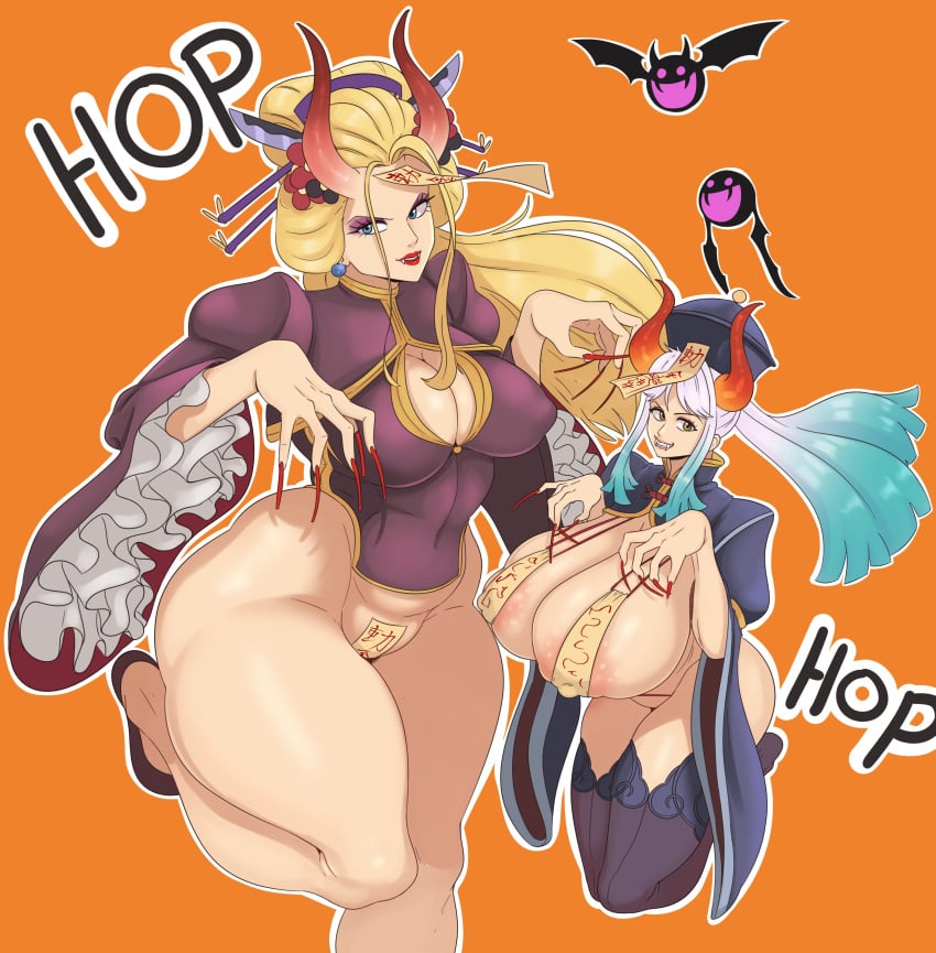 2girls absurdres beast_pirates big_breasts black_maria blonde_female breasts brick_bat female female_only halloween highres hopping jiangshi jiangshi_costume kage_kage_no_mi large_breasts one_piece shounen_jump sideboob sunnysundown thick_thighs thighhighs wide_hips yamato_(one_piece)