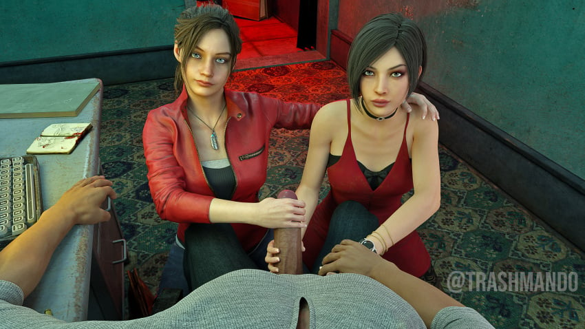 1boy 2girls 3d ada_wong ada_wong_(adriana) capcom claire_redfield double_handjob handjob large_penis looking_at_viewer resident_evil resident_evil_2 resident_evil_2_remake trashmando