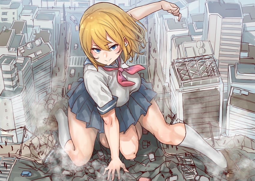 1futa balls big_breasts blonde_hair blue_eyes breasts casual_exposure casual_nudity city clothed clothing destruction flaccid foreskin futa_giantess futa_only futanari giant_futanari giantess huge_balls huge_cock human ineffective_clothing light-skinned_futanari light_skin macro_futa melt-chan_(uru) mostly_nude pale_skin penis precum school_uniform skirt solo testicles uncut uru_(uru0000)