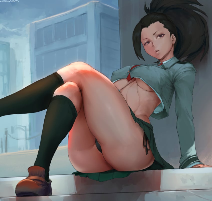 1girls absurd_res artist_signature ass ass_focus big_ass bikini black_hair black_legwear black_panties breasts bubble_butt crossed_legs curvy cutesexyrobutts edit female female_focus female_only full_body fully_clothed grey_eyes hi_res large_breasts light-skinned_female light_skin long_hair looking_at_viewer momo_yaoyorozu my_hero_academia panties parted_lips ponytail relaxing revealing_clothes school_uniform shoes shounen_jump side-tie_bikini sitting socks solo swimsuit teenager thick_thighs thighs underboob underwear upscaled upskirt watermark wide_hips