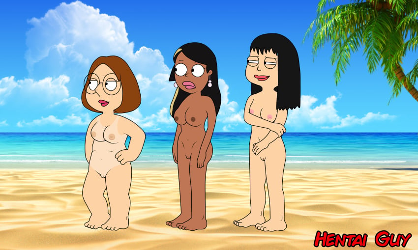 3girls accurate_art_style american_dad beach breasts family_guy female_focus female_only hayley_smith meg_griffin multiple_girls nipples nude nude_female pussy roberta_tubbs the_cleveland_show