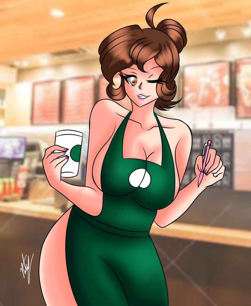 aged_up barista big_breasts brown_eyes brown_hair iced_latte_with_breast_milk meme milf nita-nsfw nita_(nita-nsfw) original short_hair smile smiling smiling_at_viewer starbucks_barista thick_thighs