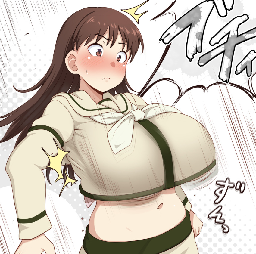 bangs big_breasts blush bra_busting brown_eyes bursting_breasts bursting_clothes crop_top huge_breasts kantai_collection long_hair long_sleeves motion_lines naval_uniform navel ooi_(kantai_collection) ryuun_(stiil) sailor_collar school_uniform serafuku surprised sweatdrop underboob uniform wide_eyed