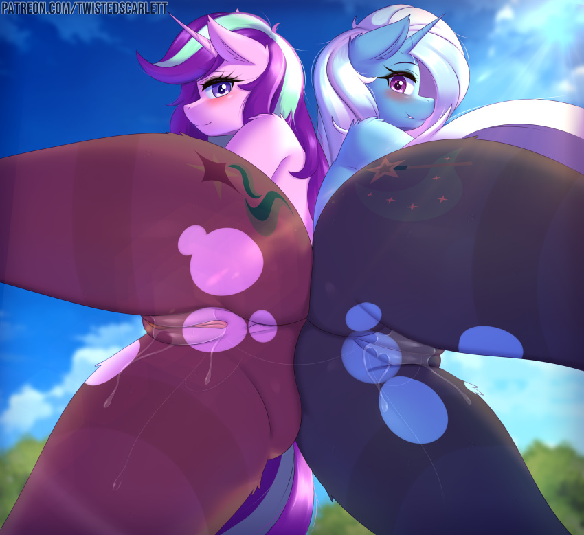 2girls anthro ass blue_fur blue_mane cutie_mark day equid equine equine_pussy female_only friendship_is_magic furry horn innie_pussy looking_at_viewer mane my_little_pony nude nude_female outdoors patreon pink_fur purple_eyes purple_mane pussy sky starlight_glimmer trixie_(mlp) trixie_lulamoon twistedscarlett60 unicorn