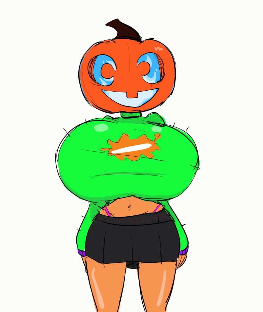 animated blue_fire casey_(notverynicechan) clothing female gif hyper_breasts nicechan panty_straps pumpkin_head skirt solo sweater sweater_lift titty_drop