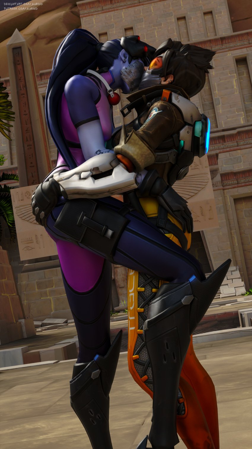 3d algoid ass ass_grab bondage female gag gagged kissing lesbian over_the_nose_gag overwatch source_filmmaker tape_gag taped_mouth tracer widowmaker yuri