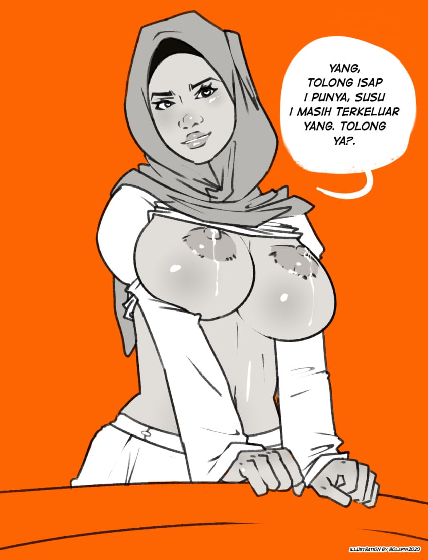 1girls big_breasts bolapistarize clothed clothing female female_only heart-shaped_pupils hijab islam lactating lactation large_breasts malay malay_text malaysian monochrome muslim shirt_lift solo translated